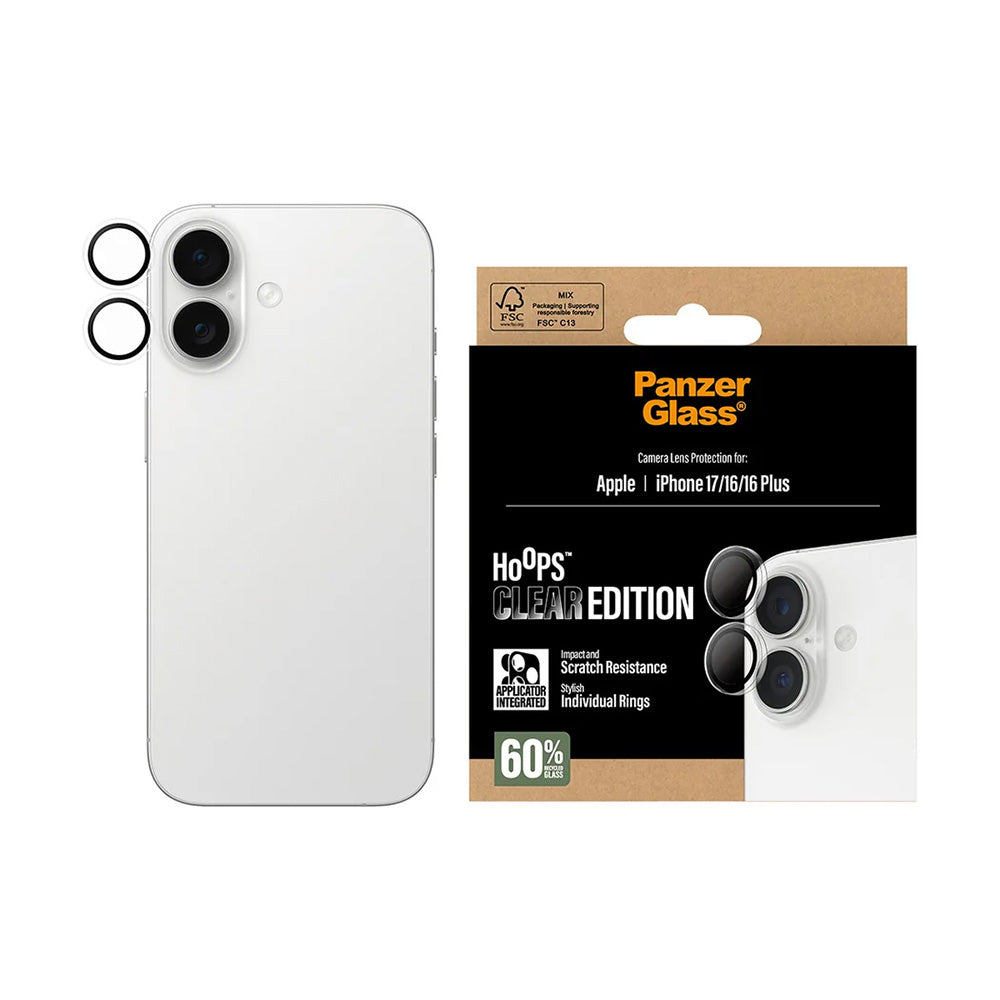 Beskyttelsesfilm til bagkameraet PanzerGlass Hoops til Apple iPhone 17 / 16 Plus / 16, Hærdet Glas, Gennemsigtig