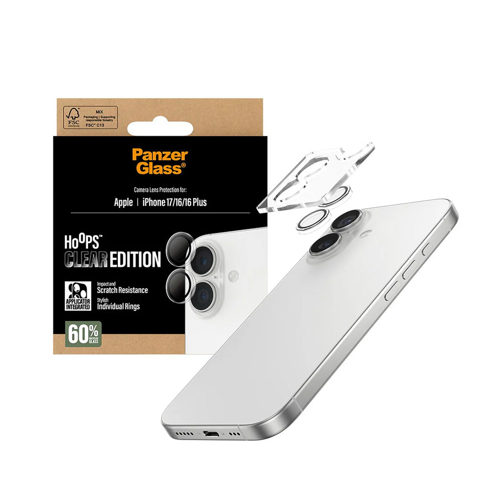 Beskyttelsesfilm til bagkameraet PanzerGlass Hoops til Apple iPhone 17 / 16 Plus / 16, Hærdet Glas, Gennemsigtig