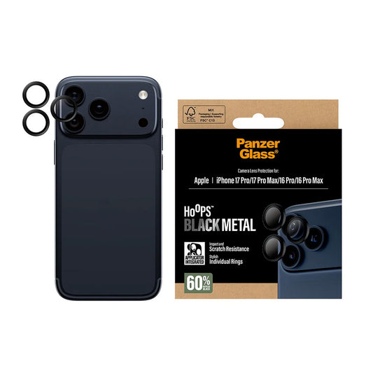 Beskyttelsesfilm til bagkameraet PanzerGlass Hoops til Apple iPhone 17 Pro Max / 17 Pro / 16 Pro Max / 16 Pro, Hærdet glas, Sort