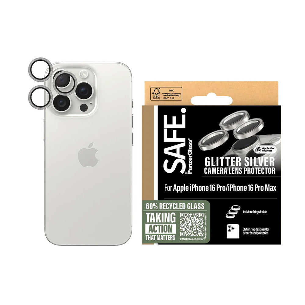 Beskyttelsesfilm til bagkameraet PanzerGlass Safe. Glitter til Apple iPhone 16 Pro Max / 16 Pro, Hærdet glas, Sølvfarvet