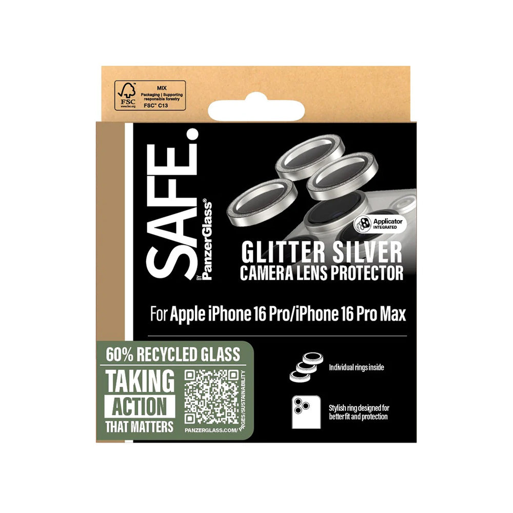 Beskyttelsesfilm til bagkameraet PanzerGlass Safe. Glitter til Apple iPhone 16 Pro Max / 16 Pro, Hærdet glas, Sølvfarvet