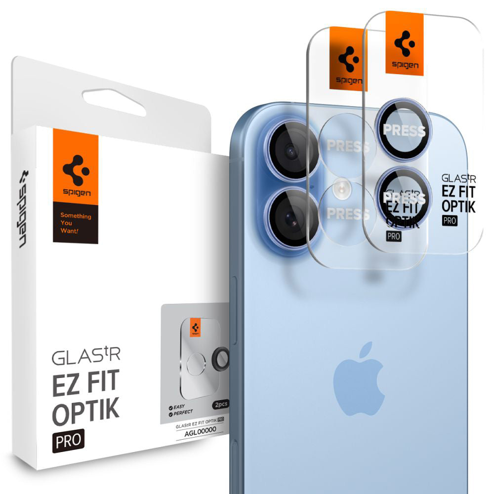 Beskyttelsesfilm til bagkamera Spigen GlastR EZ FIT Optik Pro til Apple iPhone 17 / 16 Plus / 16, hærdet glas, sæt med 2 stk., blå