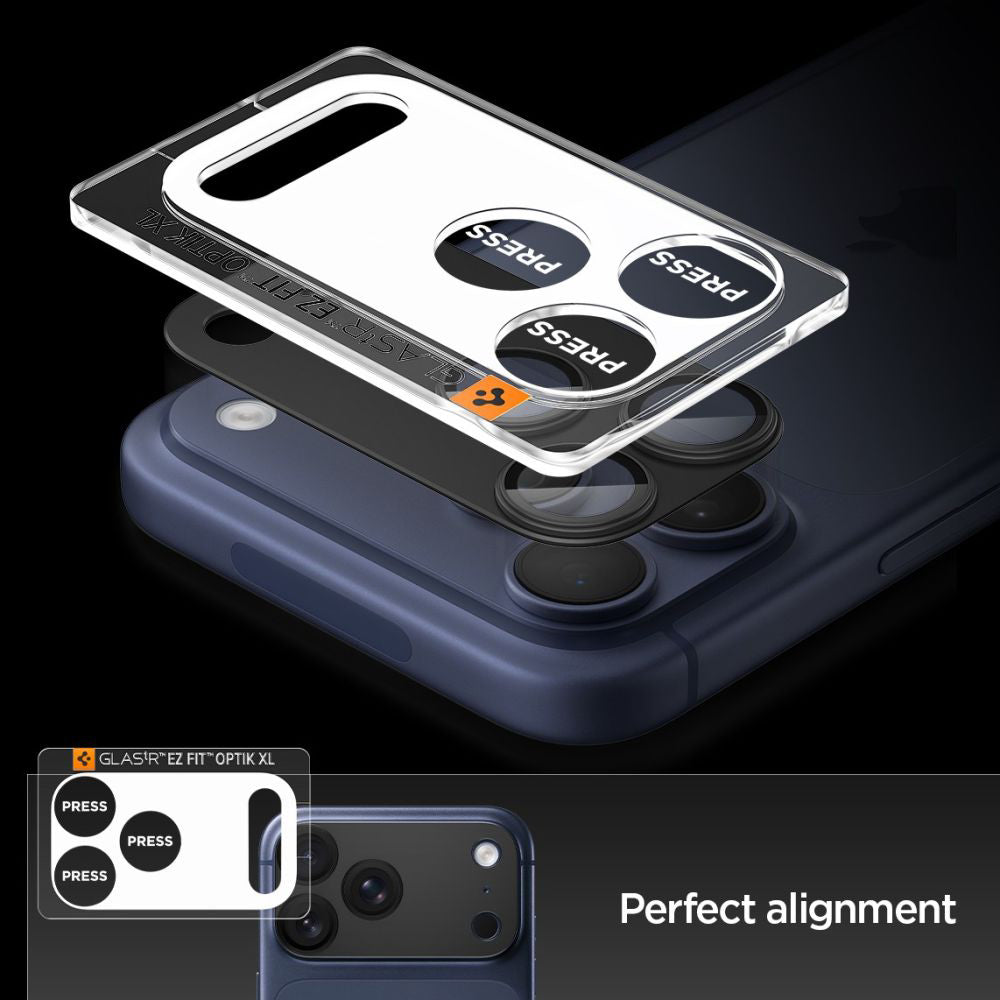 Beskyttelsesfilm til bagkameraet Spigen GlastR EZ FIT Optik Pro XL til Apple iPhone 17 Pro, Hærdet Glas, Sort AGL10644