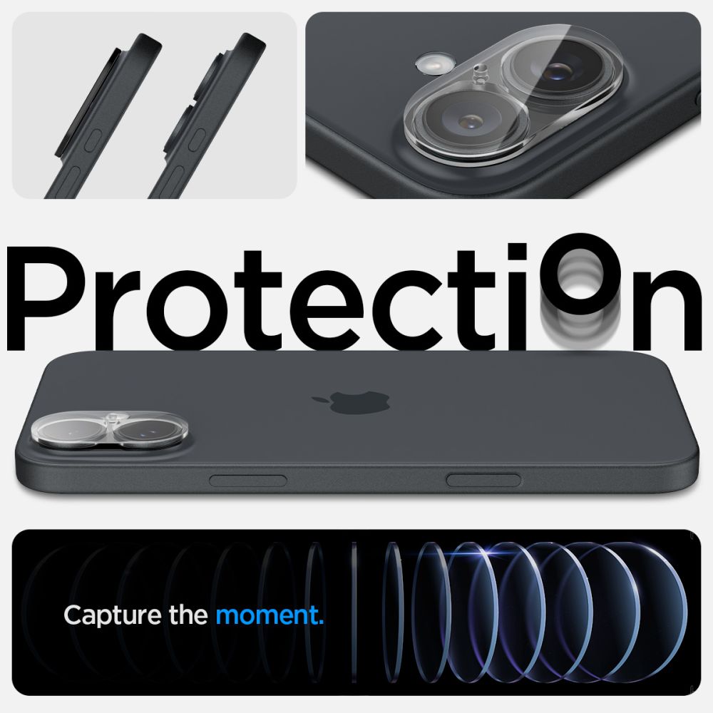 Beskyttelsesfilm til bagkamera Spigen GlastR Optik til Apple iPhone 16 Plus / 16, hærdet glas, sæt med 2 stk., gennemsigtig AGL07923