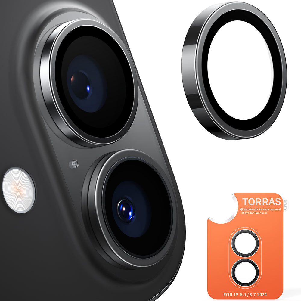 Beskyttelsesfilm til bagkameraet Torras Lensguard til Apple iPhone 16 Plus / 16, Hærdet glas, Sort