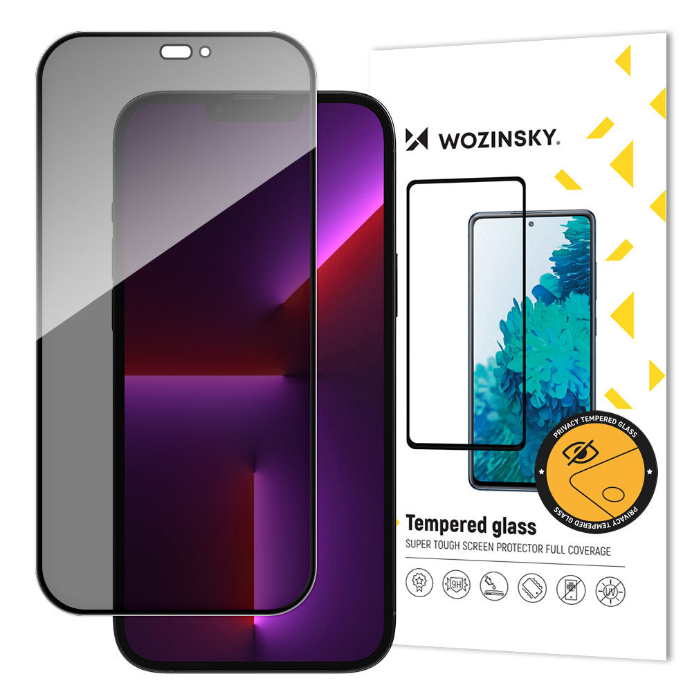 WZK AntiSpy Privacy-skærmbeskytter til Apple iPhone 15, glasbeskyttet, fuld limning