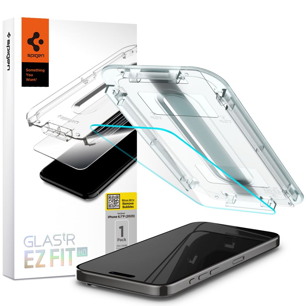 Beskyttelsesfilm til skærm Spigen GlastR EZ FIT HD til Apple iPhone 15 Pro, Hærdet glas, Fuldklæbende, 2.5D AGL06898