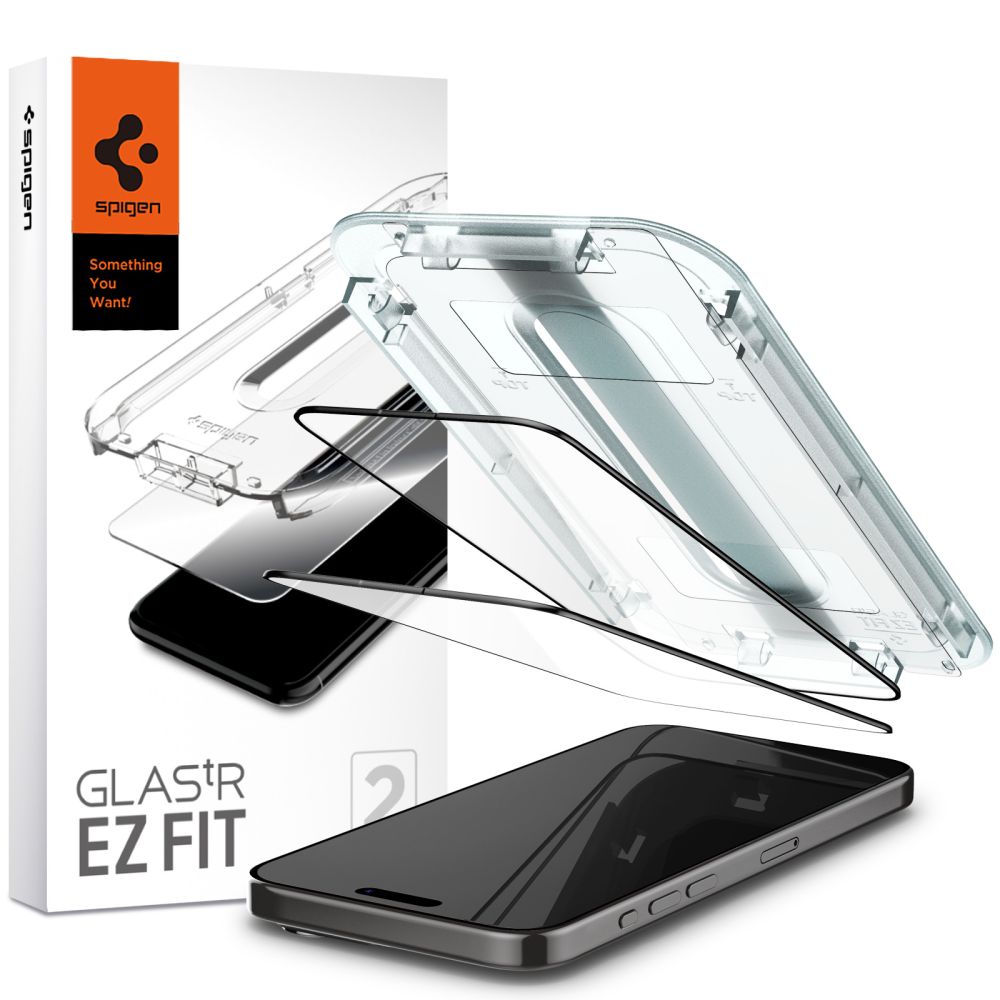 Beskyttelsesfilm til skærm Spigen GlastR EZ FIT til Apple iPhone 15 Pro, Hærdet glas, Fuldklæbende, Sæt med 2 stykker, Sort AGL06893