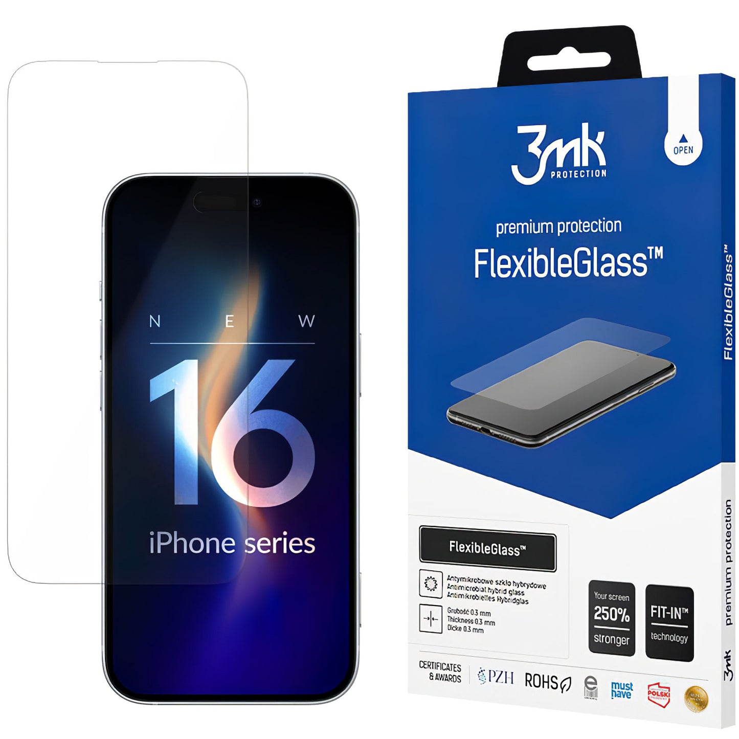 3MK FlexibleGlass Skærmbeskytter til Apple iPhone 16, Fleksibelt Glas, Fuld Lim