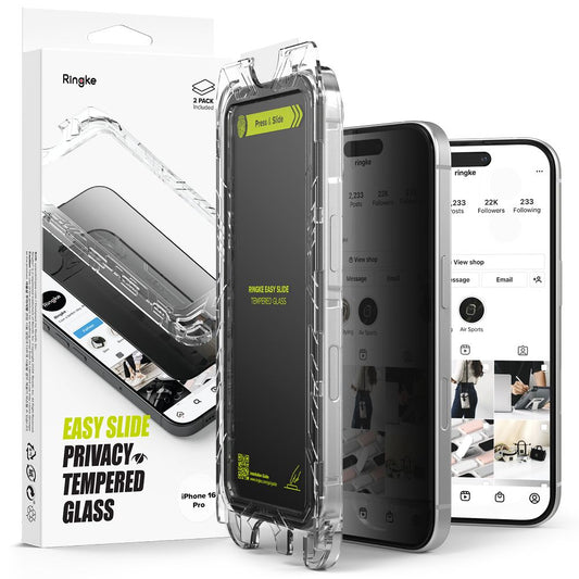 Privacy Screen Protector Ringke Easy Slide til Apple iPhone 16 Pro, glasbeskyttet, fuld limning, sæt med 2 stk.