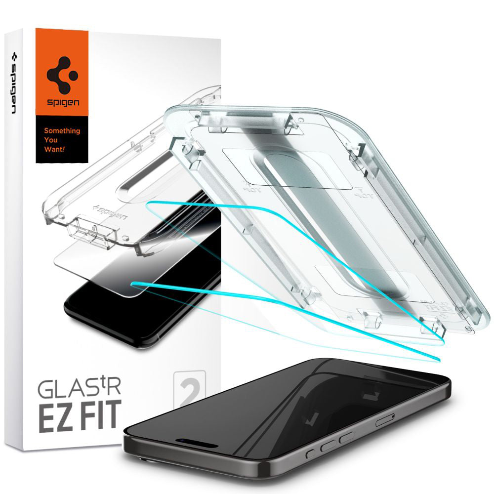 Beskyttelsesfilm til skærm Spigen GlastR EZ FIT til Apple iPhone 15 Pro Max, Hærdet glas, Fuldklæbende, Sæt med 2 stykker AGL06872