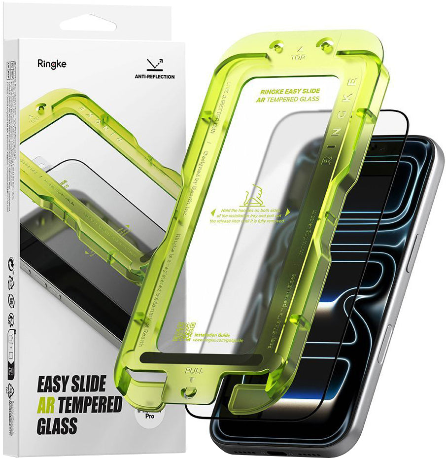 Skærmbeskytter Ringke Easy Slide AR til Apple iPhone 17 Pro, hærdet glas, fuld lim, 2.5D, sort, genforseglet