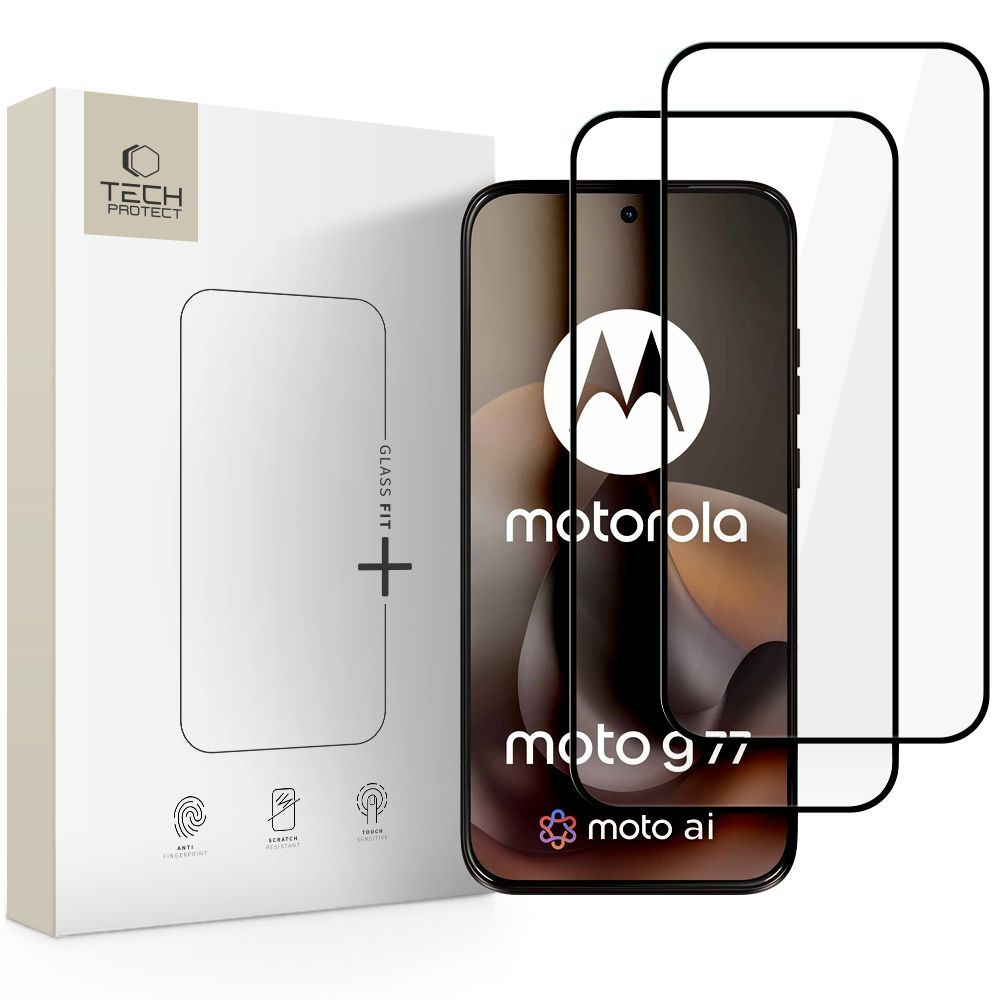 Tech-Protect FIT+ Skærmbeskytter til Motorola Moto G77 / G67, Hærdet Glas, Fuld Lim, Sæt med 2 stk., 2.5D, Sort