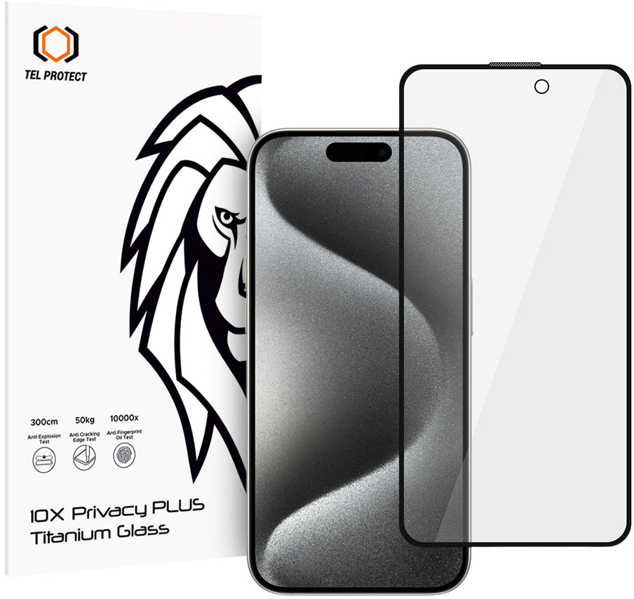 Tel Protect 10X Plus Titanium privacy-skærmbeskyttelse til Apple iPhone 17 / 16 Pro, hærdet glas, fuldlimning