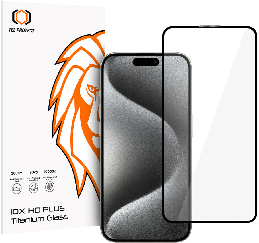 Tel Protect 10X HD Plus Titanium skærmbeskyttelse til Apple iPhone 17 / 16 Pro, hærdet glas, fuldlimet, sort