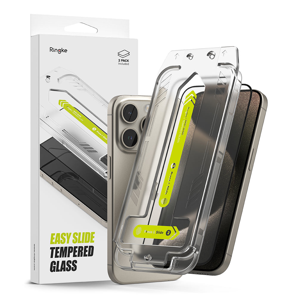 Beskyttelsesfilm Ringke Easy Slide til Apple iPhone 15 Pro Max, Hærdet Glas, Fuldklæbende, Sæt med 2 stykker, Sort