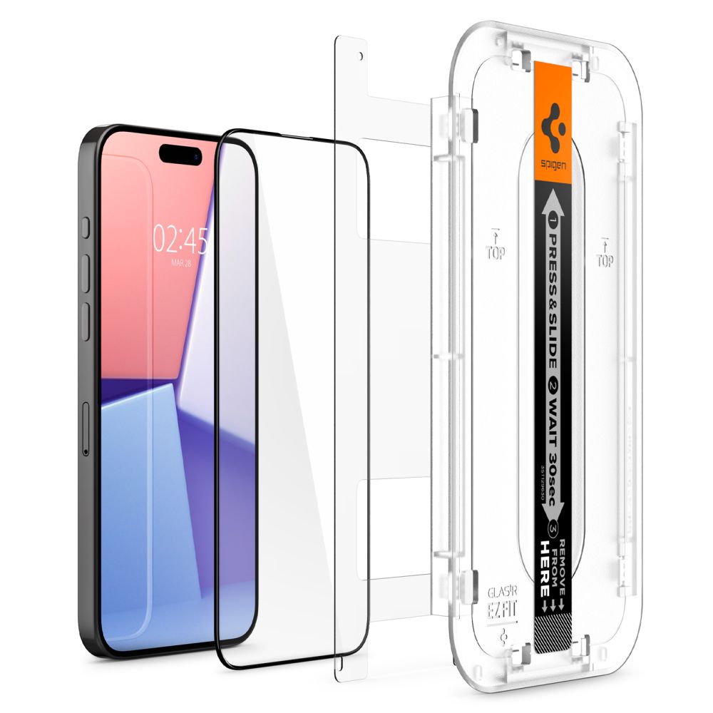 Beskyttelsesfilm til skærm Spigen GlastR EZ FIT HD til Apple iPhone 15, Hærdet glas, Fuldklæbende, 2.5D, Sort AGL06908