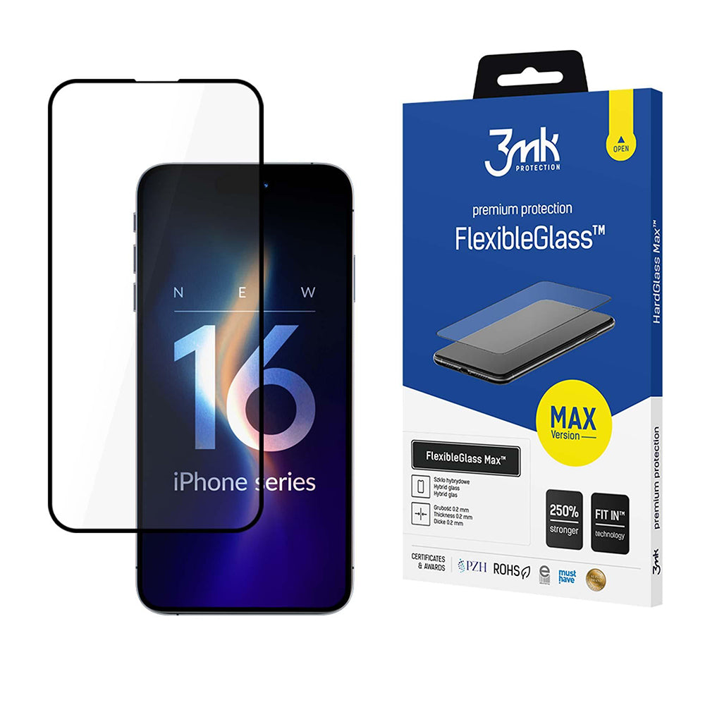 Skærmbeskyttelsesfilm 3MK FlexibleGlass Max til Apple iPhone 16 Pro, Fleksibelt Glas, Fuld Lim, Sort