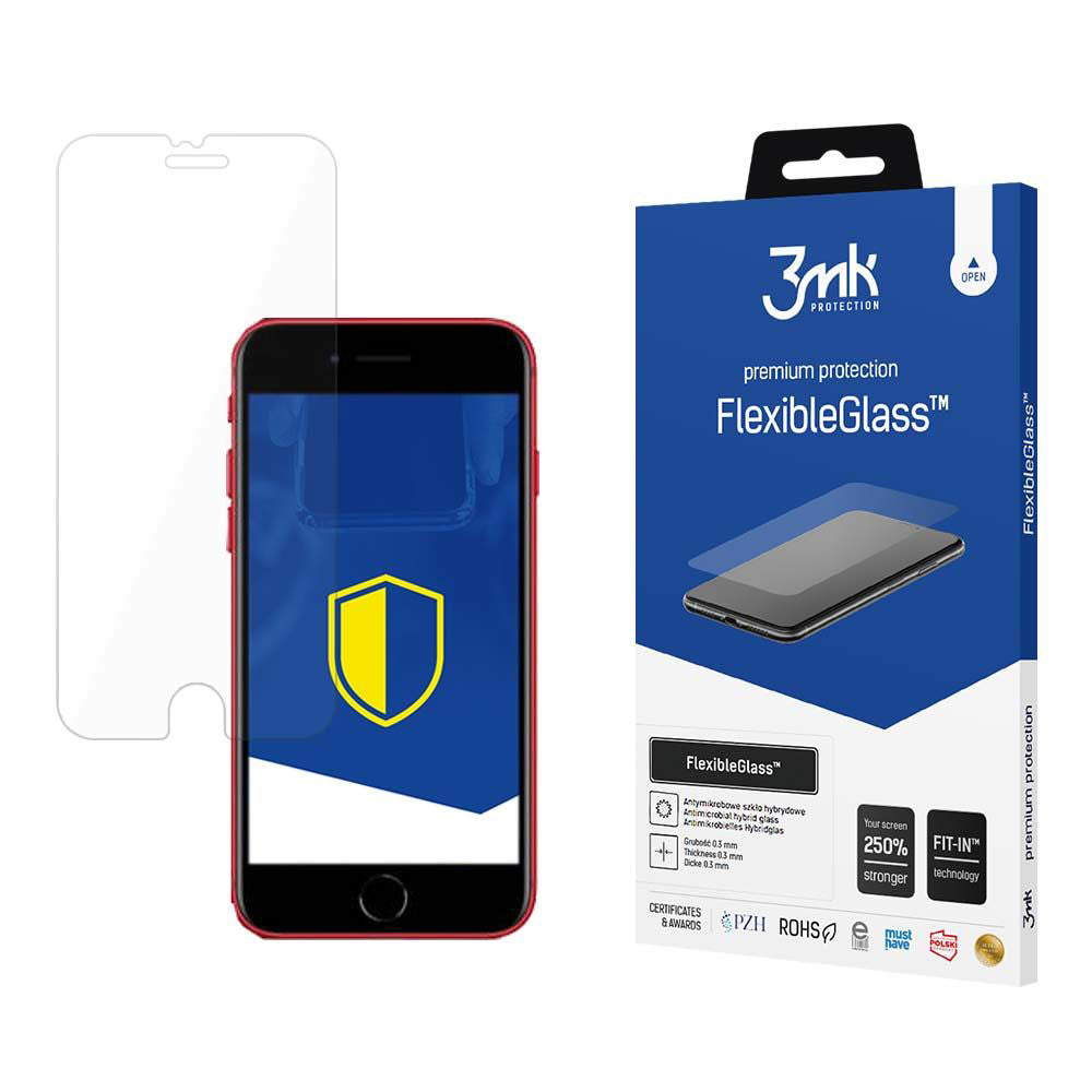 3MK FlexibleGlass Skærmbeskytter til Apple iPhone SE (2022) / SE (2020) / 8 / 7, Fleksibelt Glas, Fuld Lim