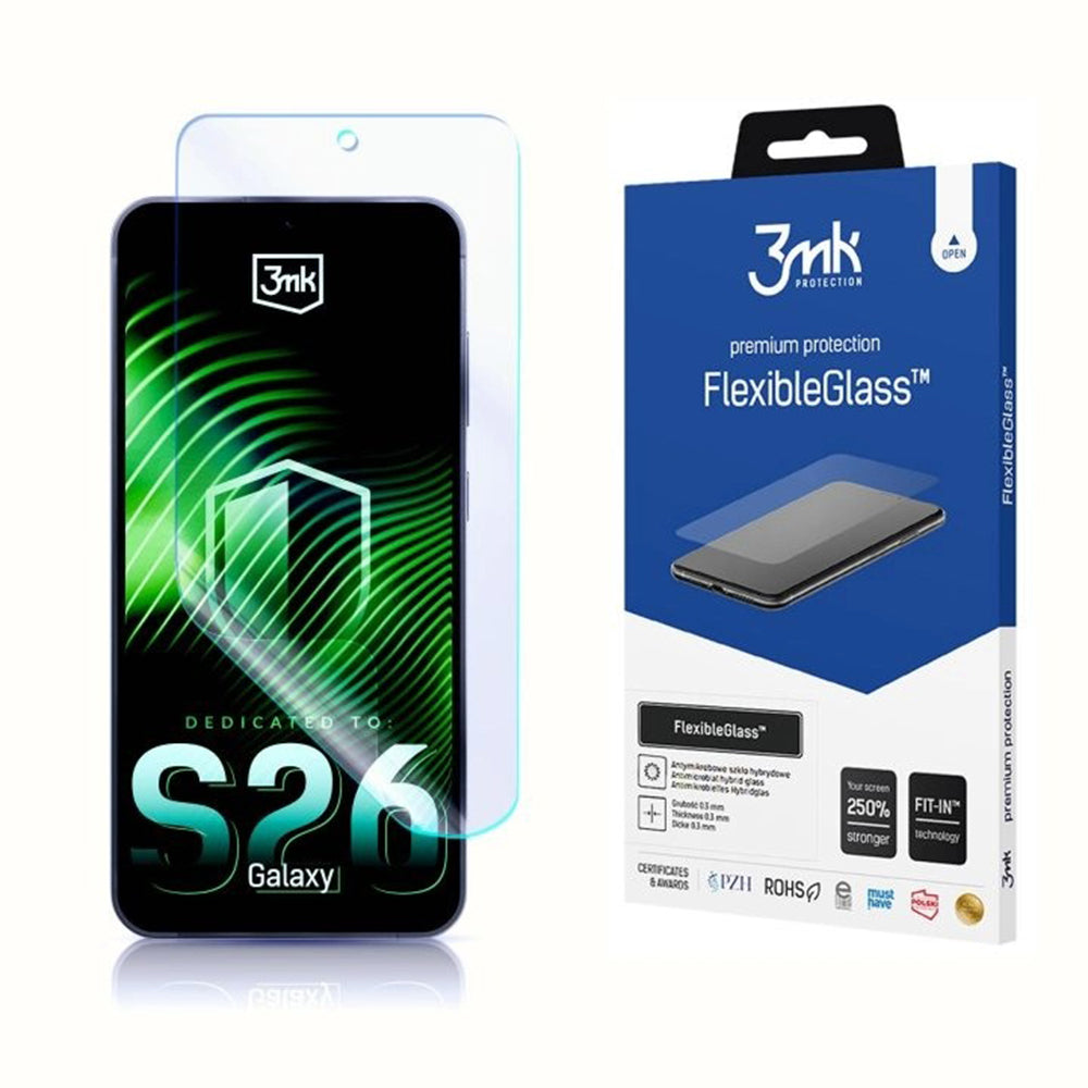 Skærmbeskyttelsesfolie 3MK FlexibleGlass til Samsung Galaxy S26 S942, Fleksibelt Glas, Fuldklæbende, Gennemsigtig