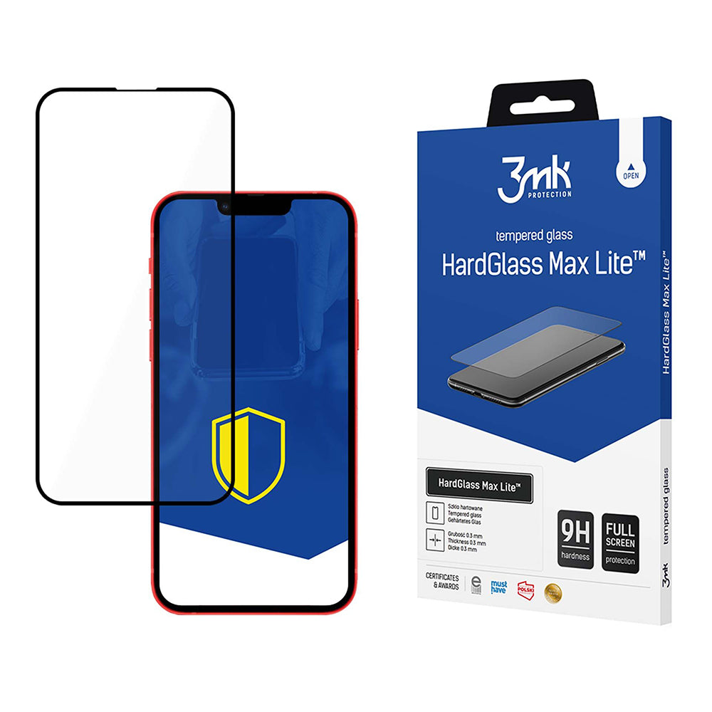 Skærmbeskyttelsesfilm 3MK HardGlass Max Lite til Apple iPhone 17e / 16e / 14 / 13 Pro, Sikkerhedsglas, Fuld lim, Sort