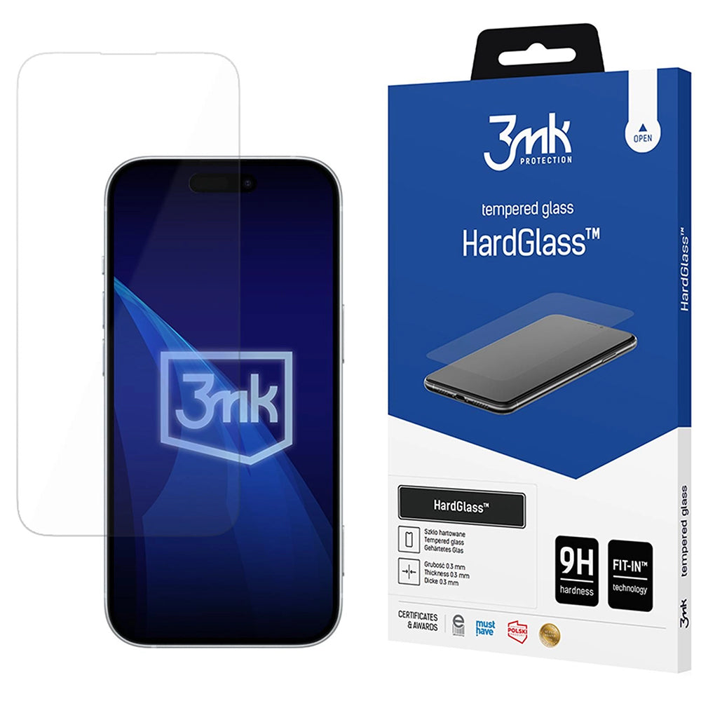 3MK HardGlass Skærmbeskytter til Apple iPhone 18 Pro / 17 Pro / 17 / 16 Pro, Sikkerhedsglas, Fuld Lim