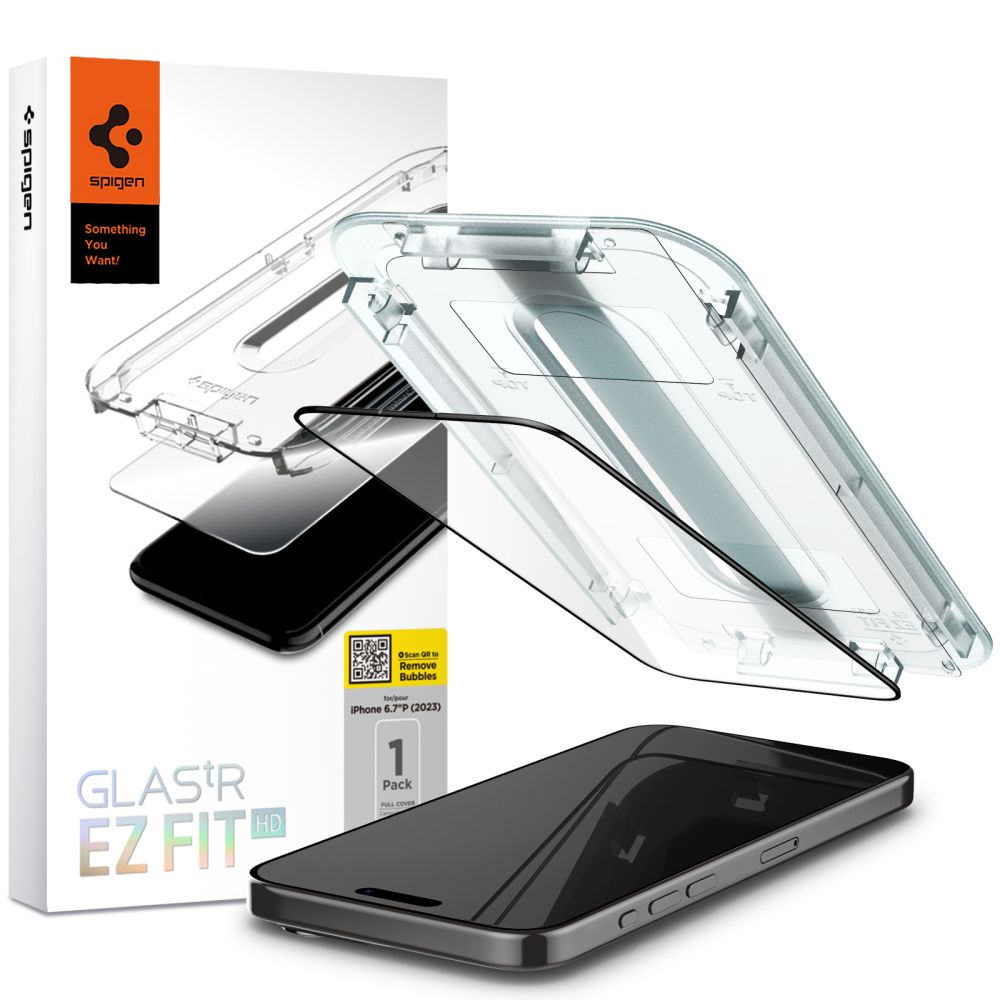 Beskyttelsesfilm til skærm Spigen GlastR EZ FIT HD til Apple iPhone 15, Hærdet glas, Fuldklæbende, 2.5D, Sort AGL06908