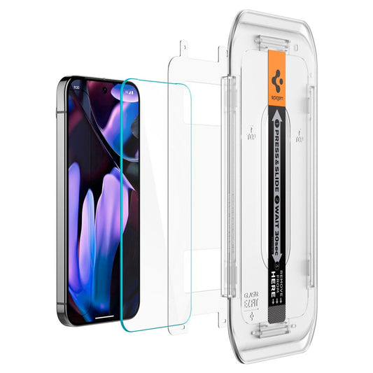 Spigen EZ FIT skærmbeskytter til Google Pixel 9 / 9 Pro, glasbeskyttet, fuld lim, sæt 2 stykker, 2,5D AGL08442 AGL08442