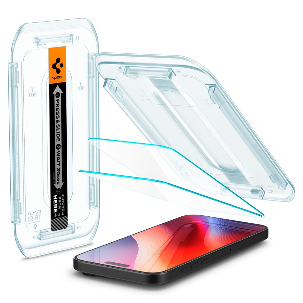 Skærmbeskyttelsesfilm Spigen GlastR EZ FIT til Apple iPhone 17 Pro / 17 / 16 Pro, Hærdet Glas, Fuldklæbende, Sæt med 2 stykker