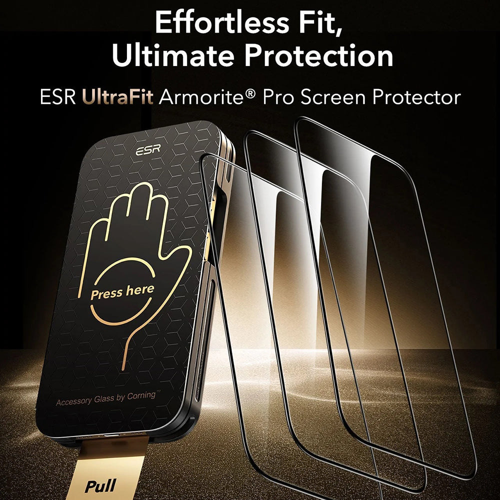 Beskyttelsesfilm til skærm ESR Corning UltraFit til Apple iPhone 17 Pro, Hærdet glas, Full Glue, Sæt med 3 stykker, Sort