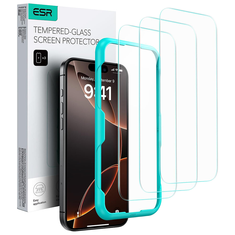 Beskyttelsesfilm ESR-skærm til Apple iPhone 17 / 16 Pro, Hærdet Glas, Full Glue, Sæt med 3 stykker, Sort