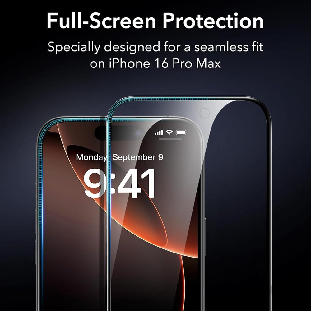 Beskyttelsesfilm ESR-skærm til Apple iPhone 17 / 16 Pro, Hærdet Glas, Full Glue, Sæt med 3 stykker, Sort