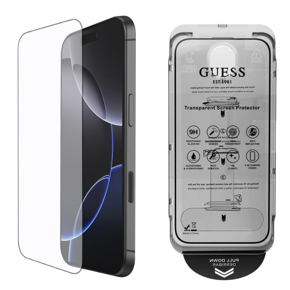 Beskyttelsesfilm til skærm Guess Classic Outline til Apple iPhone 16 Pro, Hærdet Glas, Full Glue, 2.5D, Sort