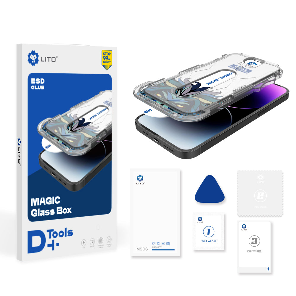 Skærmbeskyttelsesfilm Lito Magic Glass Box D+ Tools til Apple iPhone 16, Sikkerhedsglas, Fuld lim