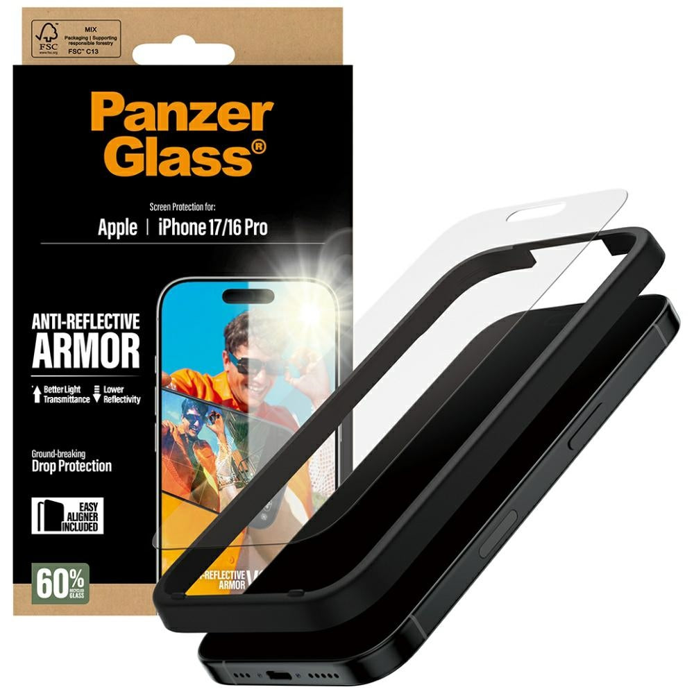 Beskyttelsesfolie Matte PanzerGlass Armor EasyAligner til Apple iPhone 17 / 16 Pro, Hærdet Glas, Full Glue