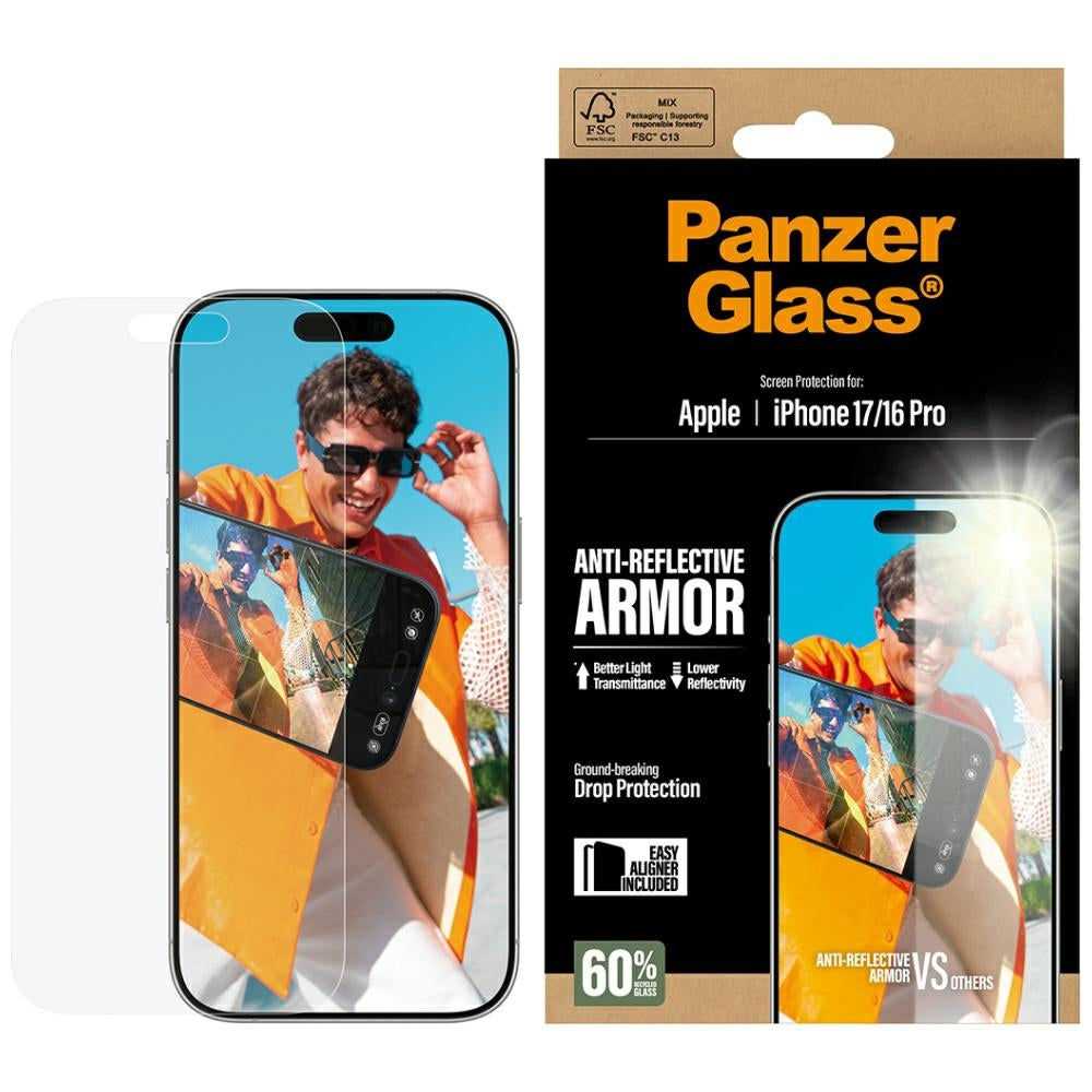 Beskyttelsesfolie Matte PanzerGlass Armor EasyAligner til Apple iPhone 17 / 16 Pro, Hærdet Glas, Full Glue