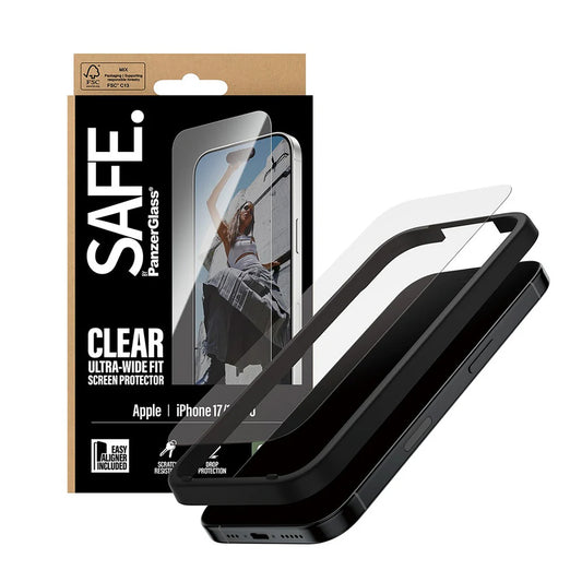 Beskyttelsesfolie PanzerGlass Safe skærm. Ultra-Wide Fit EasyAligner til Apple iPhone 17 / 16 Pro, Hærdet Glas, Full Glue