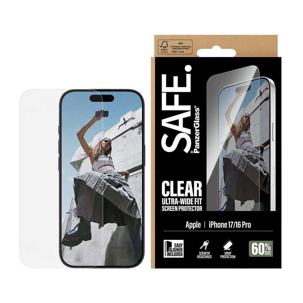 Beskyttelsesfolie PanzerGlass Safe skærm. Ultra-Wide Fit EasyAligner til Apple iPhone 17 / 16 Pro, Hærdet Glas, Full Glue