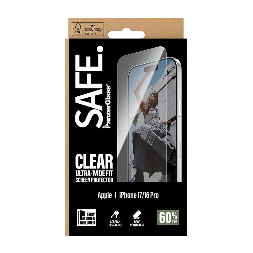 Beskyttelsesfolie PanzerGlass Safe skærm. Ultra-Wide Fit EasyAligner til Apple iPhone 17 / 16 Pro, Hærdet Glas, Full Glue