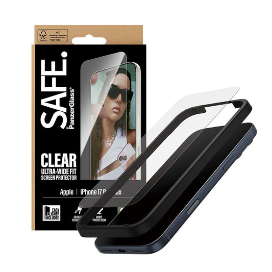 Beskyttelsesfilm PanzerGlass Safe. Ultra-Wide Fit EasyAligner til Apple iPhone 17 Pro Max, Hærdet Glas, Full Glue