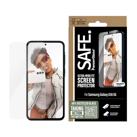 Beskyttelsesfolie PanzerGlass Safe skærm. Ultra-Wide Fit EasyAligner til Samsung Galaxy A36 A366, Hærdet Glas, Fuldklæbende