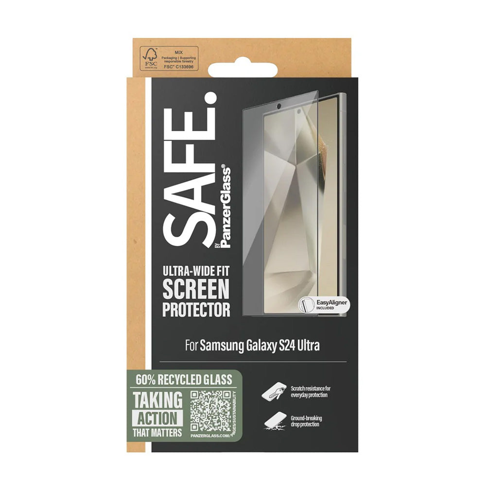 Beskyttelsesfilm PanzerGlass Safe skærm. Ultra-Wide Fit EasyAligner til Samsung Galaxy S24 Ultra S928, Hærdet Glas, Fuldklæbende, Sort.