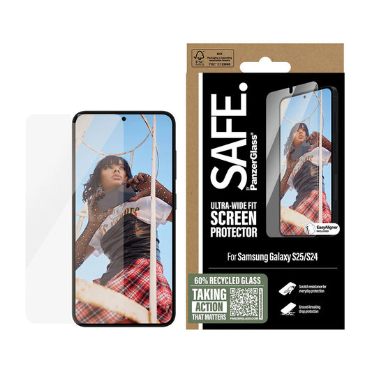 Beskyttelsesfolie PanzerGlass Safe skærm. Ultra-Wide Fit EasyAligner til Samsung Galaxy S25 S931 / S24 S921, Hærdet Glas, Full Glue