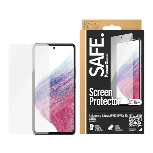 Beskyttelsesfilm PanzerGlass Safe skærm. Ultra-Wide Fit til Samsung Galaxy A53 5G A536 / A52s 5G A528 / A52 5G A526, Hærdet glas, Fuldklæbende