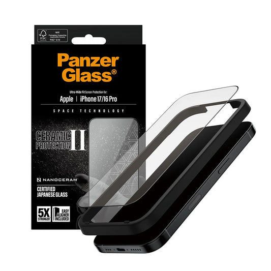 Beskyttelsesfilm til skærm PanzerGlass Ultra-Wide Ceramic II EasyAligner til Apple iPhone 17 / 16 Pro, Hærdet Glas, Full Glue, Sort