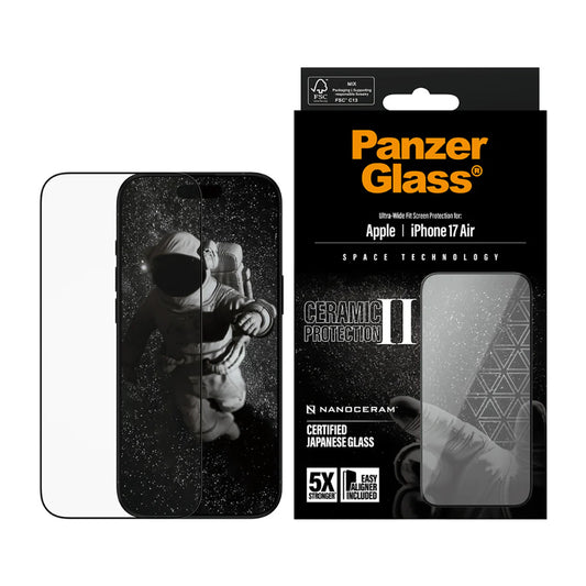Beskyttelsesfolie til skærm PanzerGlass Ultra-Wide Ceramic II EasyAligner til Apple iPhone 17 Air, Hærdet Glas, Full Glue, Sort
