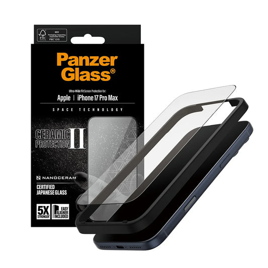 Beskyttelsesfilm til skærm PanzerGlass Ultra-Wide Ceramic II EasyAligner til Apple iPhone 17 Pro Max, Hærdet Glas, Full Glue, Sort