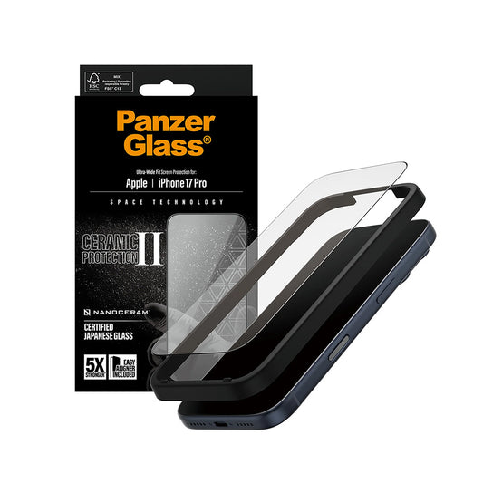 Beskyttelsesfilm til skærm PanzerGlass Ultra-Wide Ceramic II EasyAligner til Apple iPhone 17 Pro, Hærdet Glas, Full Glue, Sort