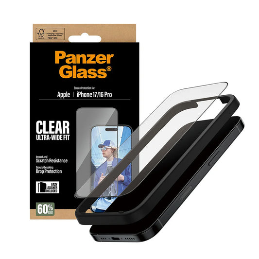 Beskyttelsesfilm til skærm PanzerGlass Ultra-Wide Fit EasyAligner til Apple iPhone 17 / 16 Pro, Hærdet Glas, Fuldklæbende, Sort
