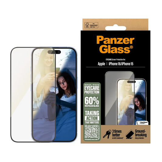 Beskyttelsesfilm til skærm PanzerGlass Ultra-Wide Fit EyeCare til Apple iPhone 16 / 15, Hærdet Glas, Full Glue, Sort